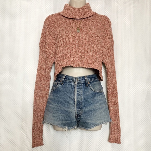 Sweaters - Pink Knit Ribbed Cowl Neck Crop Sweater